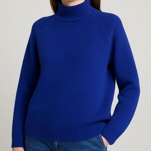 Lands’ End Sweater Cotton Knit Pullover Roll Neck Rib Hem & Sleeves Blue Medium